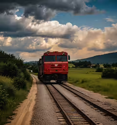 a train moving along a railroad track during the day,a small train on a track under a cloudy sky