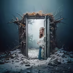 a woman standing in front of an open doorway