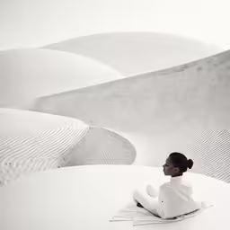 woman sitting down at table in the middle of nowhere