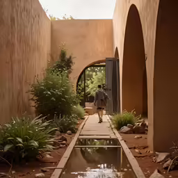a man walking in to a courtyard and a pool
