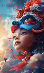 a girl with red feathers on her head and orange feathers in her hair