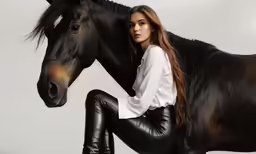 the woman is posing with a black horse