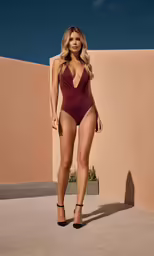 a woman wearing a burgundy swimsuit and heels