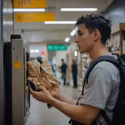 a man with a backpack checking out a mail vending machine