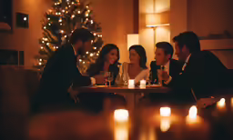 five people enjoying food at a restaurant in a holiday decorated area