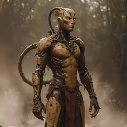 an alien like character standing in the woods