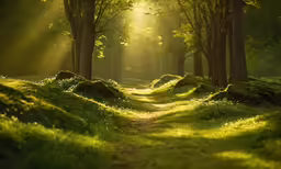 a trail running through a lush green forest