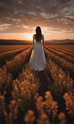 woman standing in field watching sun go down