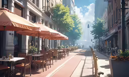 tables with umbrellas are lining an outdoor cafe