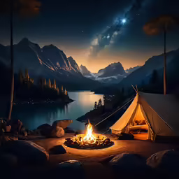 a campfire with a tent set up beside it under a night sky with stars and moon