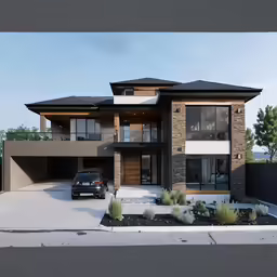a rendering of a two - story house on a suburban street