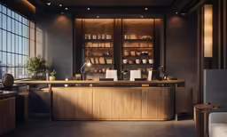 an elegant office with a wooden counter and cabinet