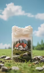 a jar with a photo of a house in it