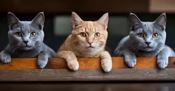 three cats are shown in a row on a wooden ledge