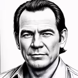 a black and white drawing of a man in a shirt
