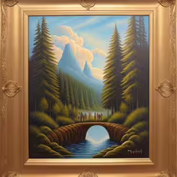 painting of a bridge on the edge of a lake,painting of people standing by bridge in the mountains,a painting that is being displayed at a museum,a painting of a bridge in a forest with people crossing it,the painting is on display on the wall