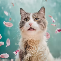 a large gray and white cat with several pink flowers on its head
