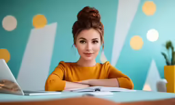 a woman sits at a table while looking at the camera