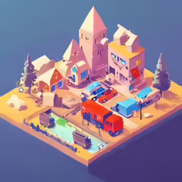 a digital animation of a futuristic island with buildings