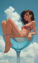 a cartoon image of a woman in a bikini sitting on the top of a cocktail glass