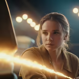 a woman leaning on a mirror with bright lights all around her