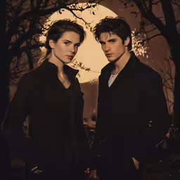 the man and the woman are posing in front of a moon