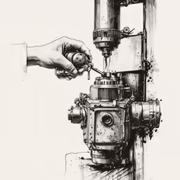 two hands holding an object over a mechanical valve
