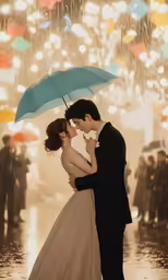 a man and woman are kissing under an umbrella in the rain