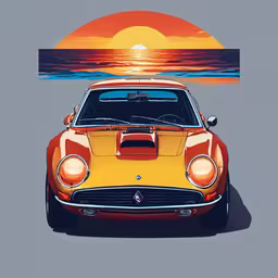a vintage sports car sits in front of an orange sunset,an orange and yellow car on a grey background