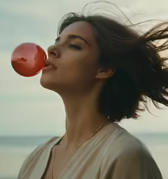 a woman blowing her hair out towards the sky