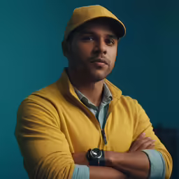 a man wearing a cap standing with his arms folded