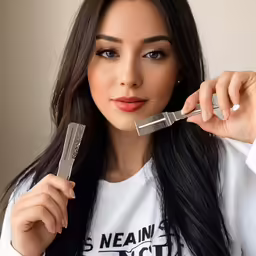 a woman is holding two hair brushes on her finger