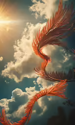 there is a photo of the sky with some clouds and the orange feathers in the air