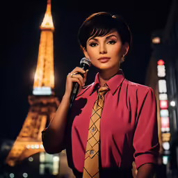 the woman with the microphone in front of the eiffel tower