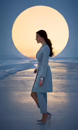 a woman is wearing a blue coat and heels at the beach as the sun sets