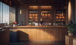 a person standing behind the counter of a bar