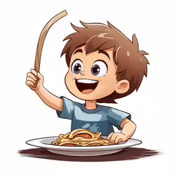 a cartoon boy is eating spaghetti in front of the camera