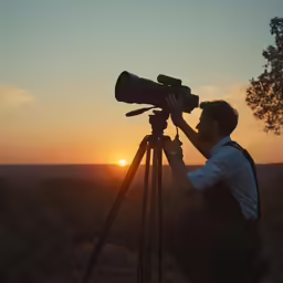 man looking at sunset through telescopes