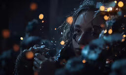 a woman in the rain and lights