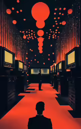the silhouette of a person standing on a red carpet that has hundreds of tv monitors on them