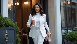 a woman wearing a white suit and holding a coffee