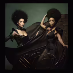 the two beautiful women are posing together in black dresses