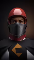 a black man wearing a helmet with a red and white shirt underneath his head