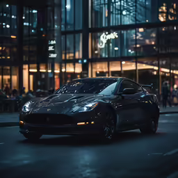 a shiny black sports car driving down the street
