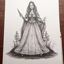 the drawing depicts a woman with long hair, wearing an ornate gown and holding a sword