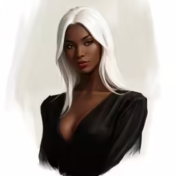 a woman with white hair, wearing black