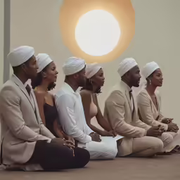 a group of people sitting on the floor in a line
