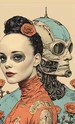 a woman wearing an orange dress and a robot standing next to her