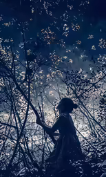 the silhouette of a woman in a dress sitting among branches