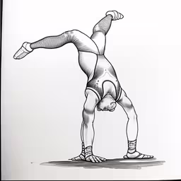 this drawing of a man doing a hand stand is in pencil and ink,a drawing of a person standing in a pose in a stance
